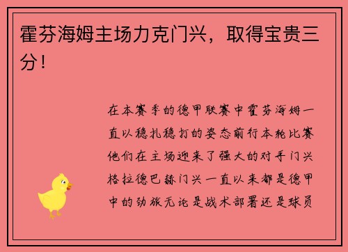 霍芬海姆主场力克门兴，取得宝贵三分！